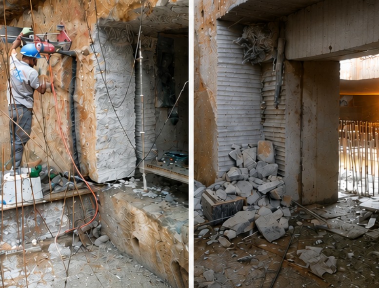 Corte de concreto em parede e resultado da abertura na obra